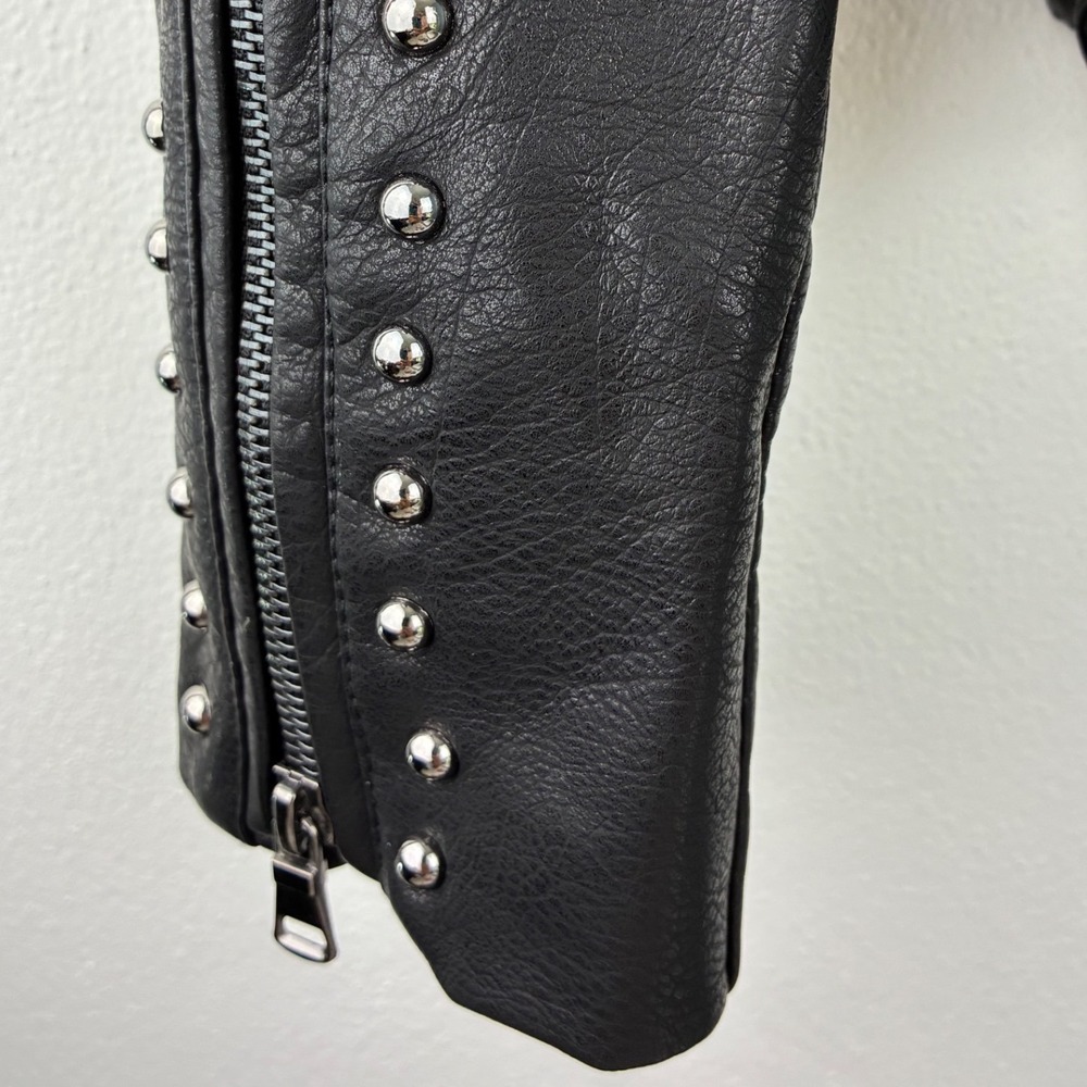 Boho Floral Embroidered Moto Jacket Black Faux Leather Studded Biker Size S - Picture 8 of 11